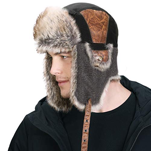 Faux Fur Bomber Hat Winter Trapper Hat Men's Russian Hat with Fur