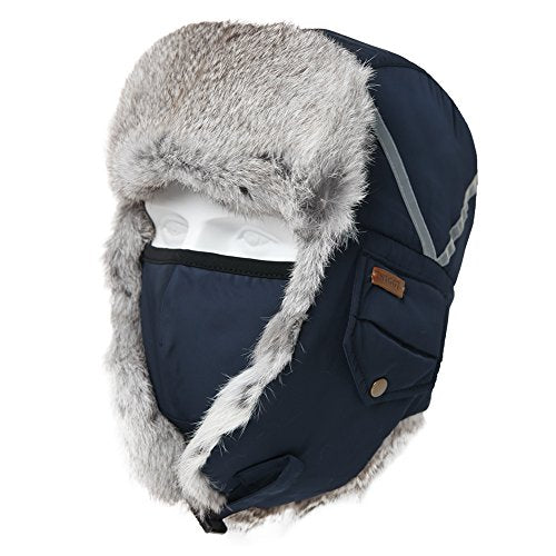 Winter Windproof 100% Rabbit Fur Navy Bomber Hat with Ear Flaps and Ma