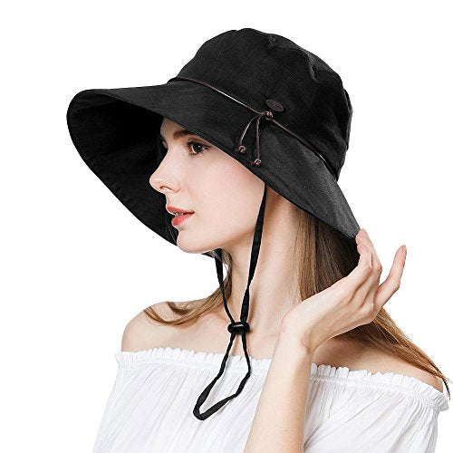 Comhats Summer Ladies UPF 50 Cotten Sun Hats for Women Large Brim Foldable  with Neck Protection Chin Cord Black