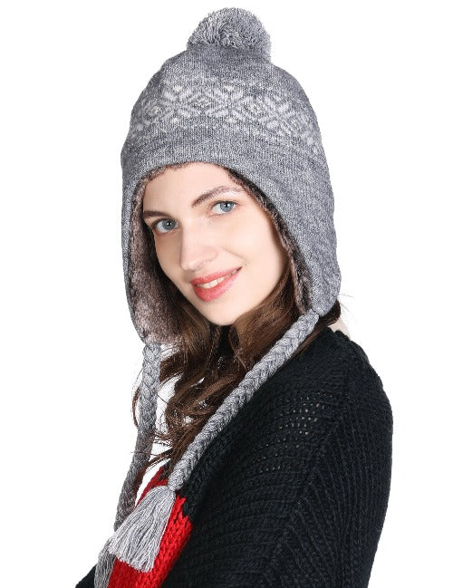 Winter Wool Peruvian Hat Women Pom Beanie Earflap Hats Ski Caps Fleece Lining