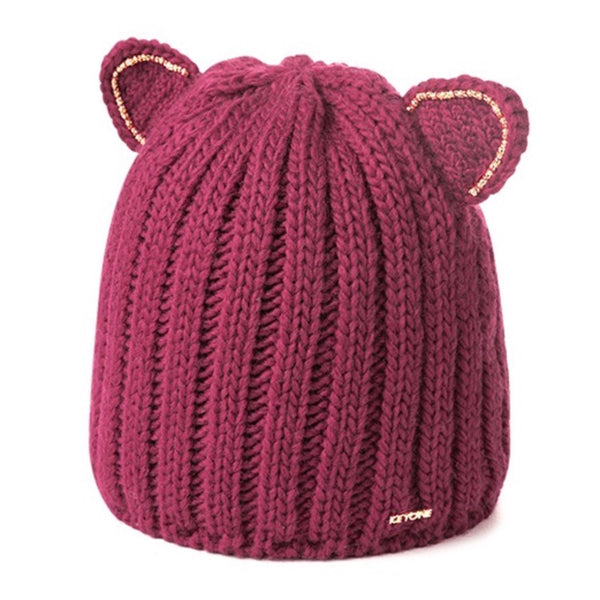KEYONE Women Cat Ear Beanie Hat Wool Braided Knit Trendy Winter Warm