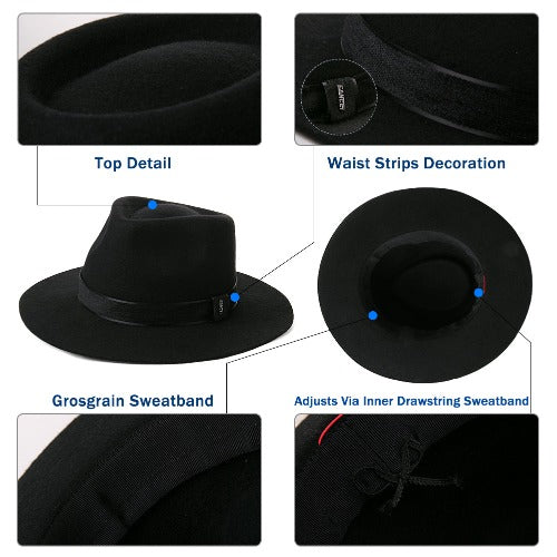 Womens 100% Wool Felt Fedora Panama Hat Wide Brim Fashion 1920s Vintage Derby Party Church Hat