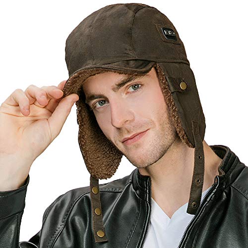 Aviator Hat Faux Leather Pilot Cap Adult Men Winter Trapper Hunting Hat