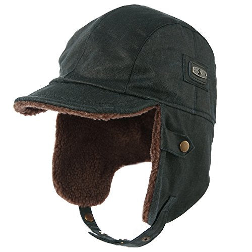 Aviator Hat Faux Leather Pilot Cap Adult Men Winter Trapper Hunting Hat
