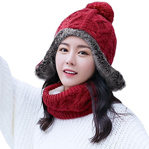 2 Piece Wool Knit Hat & Scarf Sets Wool Peruvian Beanie Earflap Hat Womens Winter Snow Ski Hat