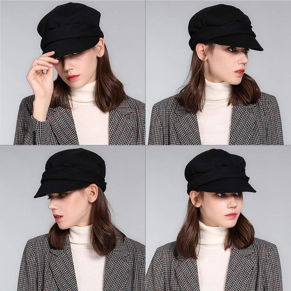 Newsboy Cap Cotton Winter Hat Gatsby Ladies Cabbie Beret with Visor Cloche Hats Black