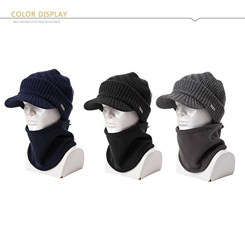 Mens Grey Wool Knit Visor Beanie Winter Hat&Scarf Sets Fleece Mask Neck Warmer