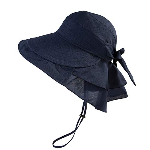 Wide Brim Summer Sun Flap Bill Cap Women Cotton Hat Neck Cover Navy