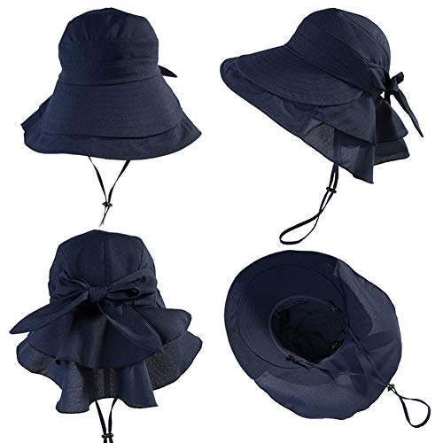 Wide Brim Summer Sun Flap Bill Cap Women Cotton Hat Neck Cover Navy