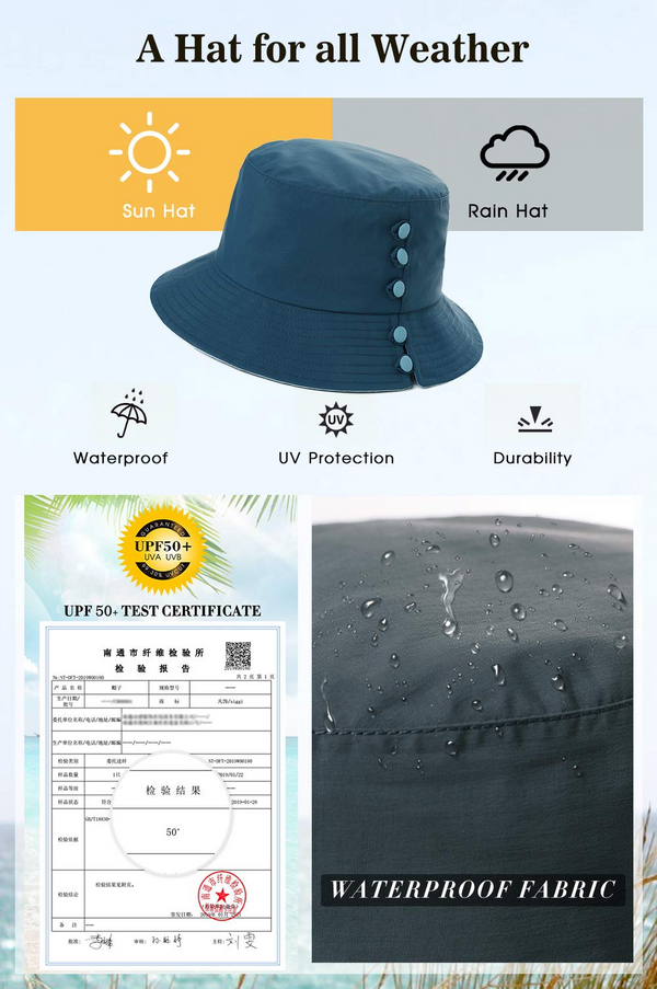 Womens Bucket Sun Hat UPF 50 Waterproof Rain Hats Wide Brim Walking Hiking
