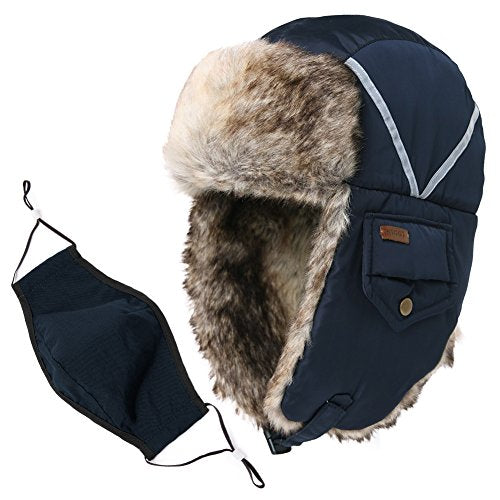 Winter Windproof Navy Faux Fur Bomber Hat with Ear Flaps and Mask