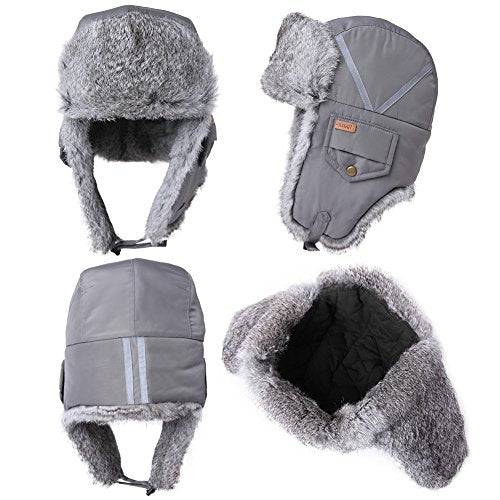 Winter Windproof 100% Rabbit Fur Grey Bomber Hat with Ear Flaps and Mask