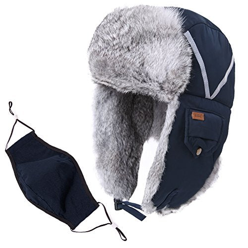 Winter Windproof 100% Rabbit Fur Navy Bomber Hat with Ear Flaps and Mask