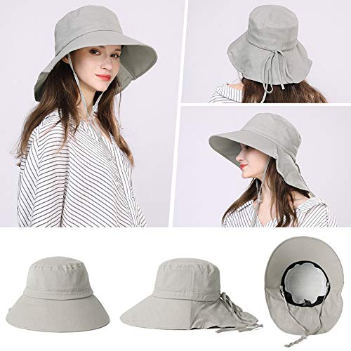 UPF 50 Sun Hats for Women Wide Brim Packable with Neck Protection Gray