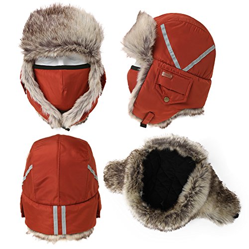 Winter Windproof Orange Faux Fur Bomber Hat with Ear Flaps and Mask