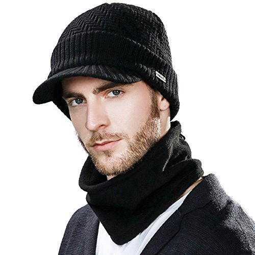 Mens Black Wool Knit Visor Beanie Winter Hat&Scarf Sets Fleece Mask Neck Warmer