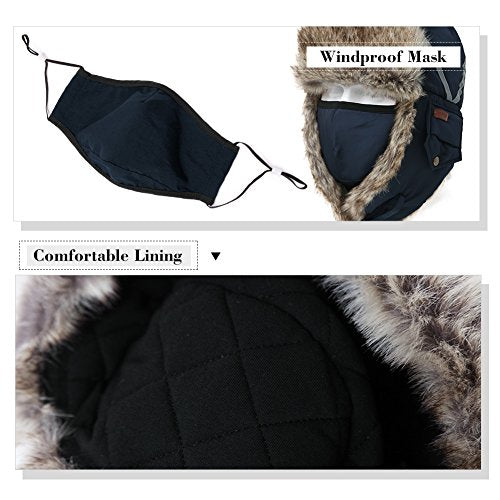 Winter Windproof Navy Faux Fur Bomber Hat with Ear Flaps and Mask