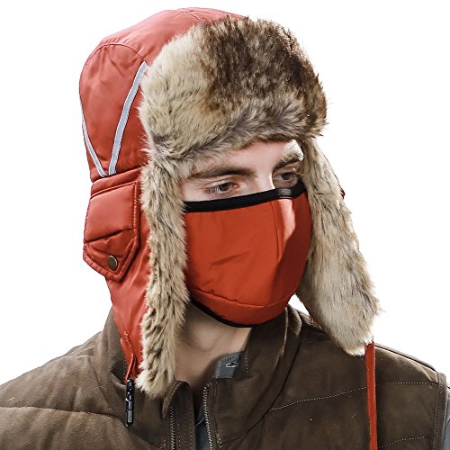 Winter Windproof Orange Faux Fur Bomber Hat with Ear Flaps and Mask
