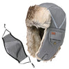 Winter Windproof Grey Faux Fur Bomber Hat with Ear Flaps and Mask