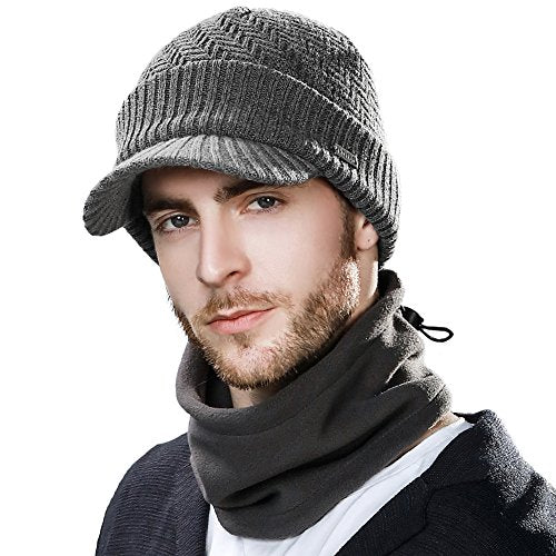 Mens Grey Wool Knit Visor Beanie Winter Hat&Scarf Sets Fleece Mask Neck Warmer
