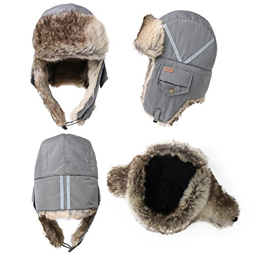 Winter Windproof Grey Faux Fur Bomber Hat with Ear Flaps and Mask