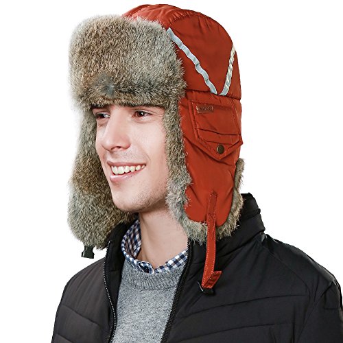 Winter Windproof 100% Rabbit Fur Red Bomber Hat with Ear Flaps and Mask