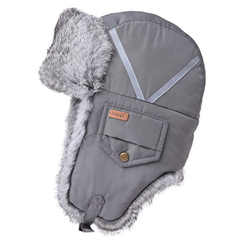 Winter Windproof 100% Rabbit Fur Grey Bomber Hat with Ear Flaps and Mask