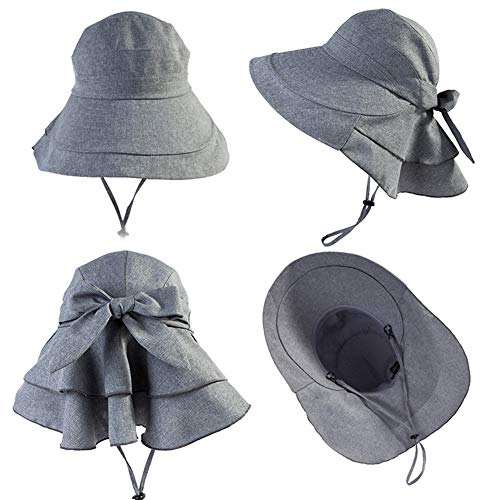 Wide Brim Summer Sun Flap Bill Cap Women Cotton Hat Neck Cover Gray