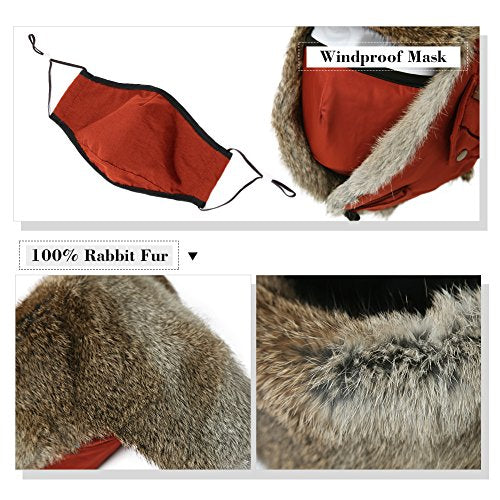 Winter Windproof 100% Rabbit Fur Oliver Bomber Hat with Ear Flaps and Mask