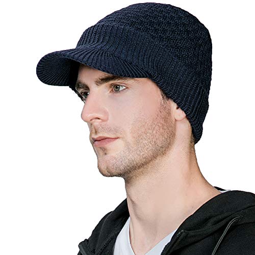 Wool Knit Hat for Men Women Visor Beanie Fleece Lined Cold Weather Warm
