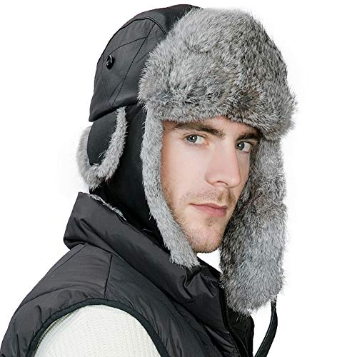 Comhats Mens Sheepskin Rabbit Fur Winter Trapper Hunting Hat with Ear Flaps Russian Ushanka Cold Weather Ski Bomber
