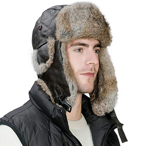 Comhats Mens Sheepskin Rabbit Fur Winter Trapper Hunting Hat with Ear Flaps Russian Ushanka Cold Weather Ski Bomber