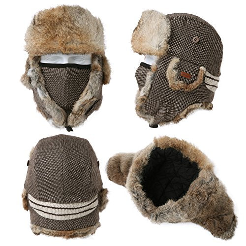 Trapper Hat Rabbit Fur Aviator Hat with Ear Flaps Russian Winter Cold Weather Wool Hat with Mask Men Women