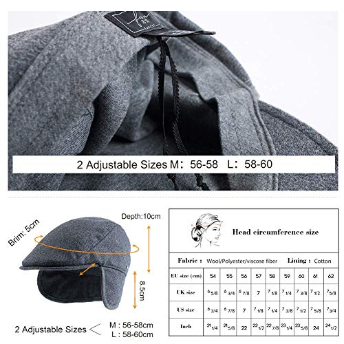 Mens Winter Wool Blend Flannel Ivy Newsboy Flat Cap with Ear Flaps Driving Hunting Trapper Hat