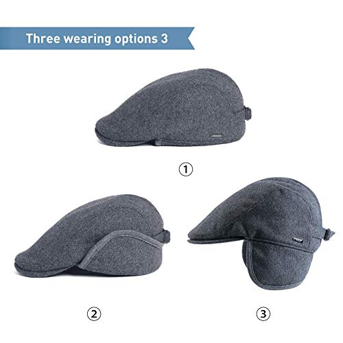 Mens Winter Wool Blend Flannel Ivy Newsboy Flat Cap with Ear Flaps Driving Hunting Trapper Hat