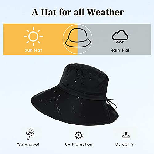 Rain Bucket Sun Hat Women Wide Brim Water Resistant Waterproof Hats UPF Walking Hiking with Chin Cord Neck Cover Crushable Packable Adjustable