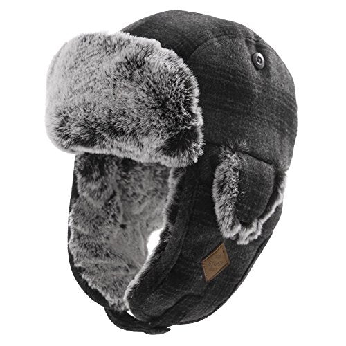 Wool Plaid Trapper Hat Faux Fur Earflap Hunting Russian Ushanka Hat Mens Winter Hats for Women Outdoor Ski Snow Hat Warm Fleece Lined