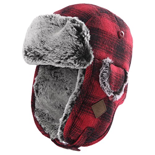 Wool Plaid Trapper Hat Faux Fur Earflap Hunting Russian Ushanka Hat Mens Winter Hats for Women Outdoor Ski Snow Hat Warm Fleece Lined
