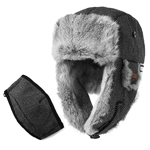 Trapper Hat Rabbit Fur Aviator Hat with Ear Flaps Russian Winter Cold Weather Wool Hat with Mask Men Women
