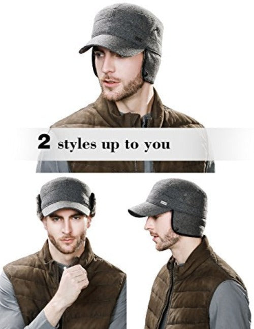 Winter Baseball Cap with Ear Flap Hats Men Hunting Cold Weather Fitted Earflap Hats Wool
