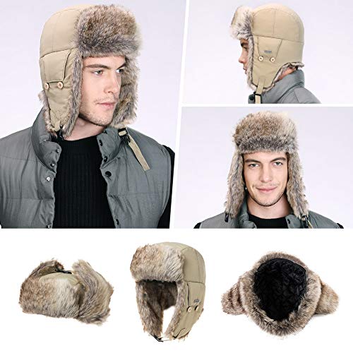 Winter Earflap Mens Trooper Trapper Waterproof Hat Faux Fur Lined White Russian Hats Ushanka