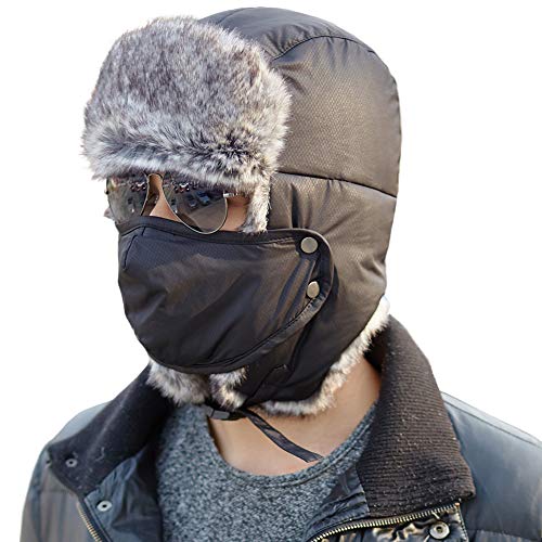 Winter Faux Fur Waterproof Trapper Hats for Men Ear Flap Earflap Hunting Ski Snow Outdoor Hat for Cold Weather with Face Mask