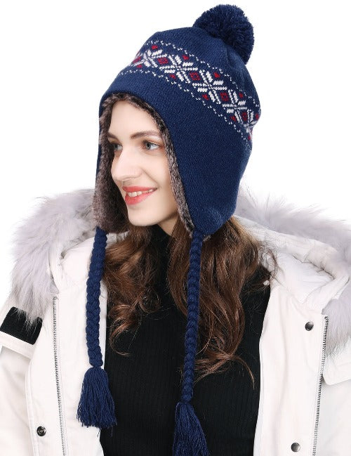 Winter Wool Peruvian Hat Women Pom Beanie Earflap Hats Ski Caps Fleece Lining