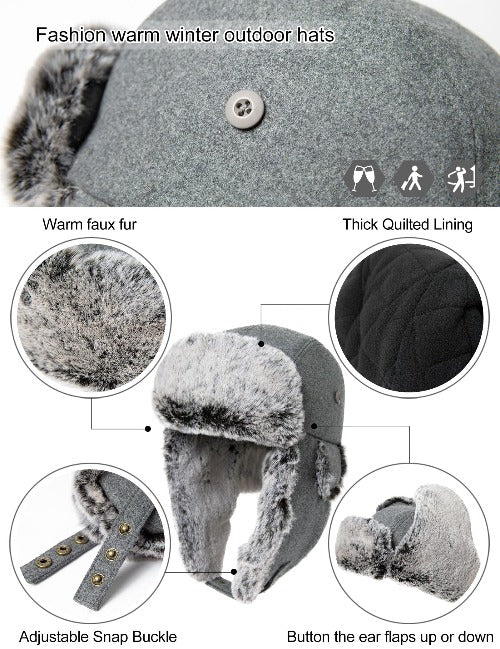 Winter Wool Blend Trapper Hat for Men Ladies Warm Hats with Thick Soft Faux Fur Earflap Fleece Lining Hats