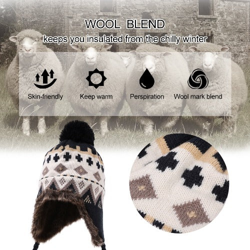 Wool Cable Knit Hat Peruvian Hat Beanie Winter Cap with Earflap Pom Fur Lining Warm Outdoor Sports Ski Snow Cold Weather Hats