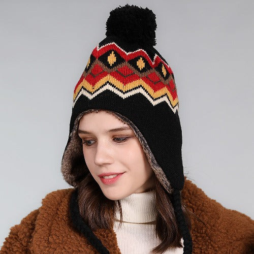 Wool Cable Knit Hat Peruvian Hat Beanie Winter Cap with Earflap Pom Fur Lining Warm Outdoor Sports Ski Snow Cold Weather Hats for Women