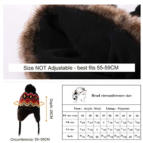 Wool Cable Knit Hat Peruvian Hat Beanie Winter Cap with Earflap Pom Fur Lining Warm Outdoor Sports Ski Snow Cold Weather Hats for Women