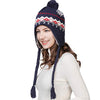 Wool Cable Knit Hat Peruvian Hat Beanie Winter Cap with Earflap Pom Fur Lining