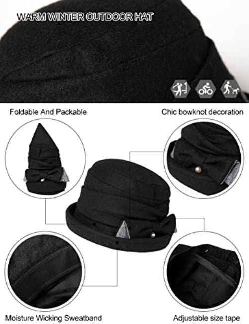 Wool Cloche Hat for Women Winter Hat Black Ladies 1920s Vintage Derby Church Bowler Bucket Hat