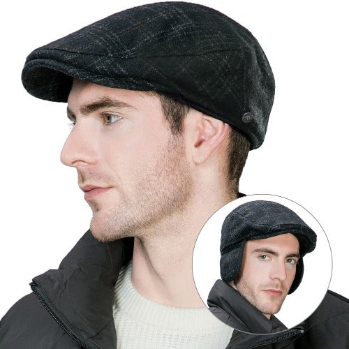 Wool Tweed Flat Cap Ivy Hat with Ear Flaps Warmer Winter Earflap Hunting Trapper Hat